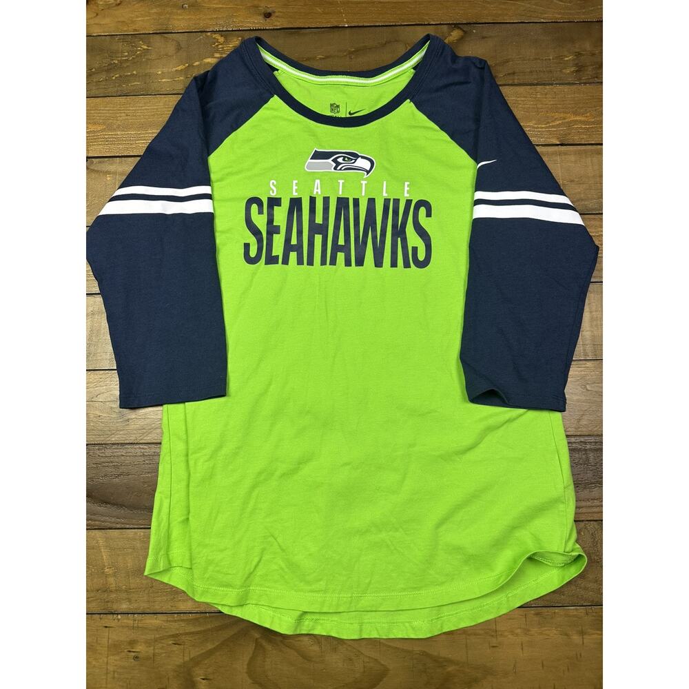Seattle Seahawks Shirt Women L Large Gree Nike Retro Logo 3/4 Sleeve NFL T Shirt